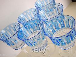 6 Faberge Xenia Azure Blue Cased Cut To Clear Crystal Wine Goblets Signed