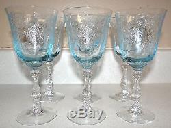 6 Fostoria NAVARRE Blue 6 3/8 Etched Large Claret Wine Goblet Glass Crystal Set