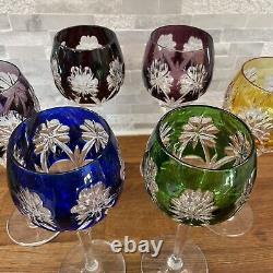 6 German Crystal Wine Hock Glasses Multicolored Cut To Clear 8.25 Tall Bohemian