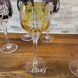 6 German Crystal Wine Hock Glasses Multicolored Cut To Clear 8.25 Tall Bohemian