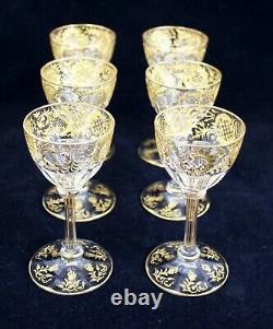 6 Gorgeous Antique Bohemian Moser Etched Glass Gilt Gold Cordial/Wine Glasses