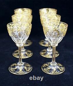 6 Gorgeous Antique Bohemian Moser Etched Glass Gilt Gold Cordial/Wine Glasses