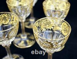 6 Gorgeous Antique Bohemian Moser Etched Glass Gilt Gold Cordial/Wine Glasses