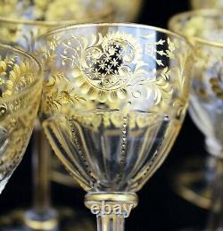 6 Gorgeous Antique Bohemian Moser Etched Glass Gilt Gold Cordial/Wine Glasses