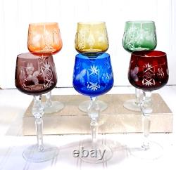 6 Hortensia Poland Crystal Cut To Clear Jewel Tone Color 8.5 Hock Wine Glasses