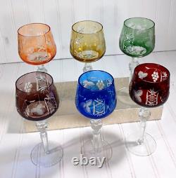 6 Hortensia Poland Crystal Cut To Clear Jewel Tone Color 8.5 Hock Wine Glasses