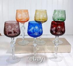 6 Hortensia Poland Crystal Cut To Clear Jewel Tone Color 8.5 Hock Wine Glasses