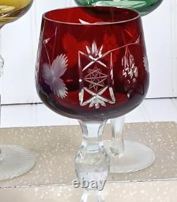 6 Hortensia Poland Crystal Cut To Clear Jewel Tone Color 8.5 Hock Wine Glasses