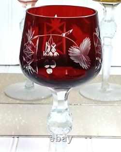 6 Hortensia Poland Crystal Cut To Clear Jewel Tone Color 8.5 Hock Wine Glasses