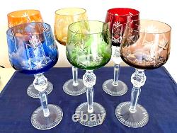 6 Hortensia Poland Crystal Cut To Clear Jewel Tone Color 8.5 Hock Wine Glasses