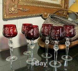 6 Hortensia Poland Cut-To-Clear Crystal 8 3/8 Ruby Red Wines Hocks Excellent