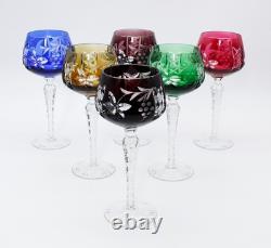 6 Lausitzer Crystal Cut To Clear Multicolor Grape Vine Motif Hock Wine Glasses