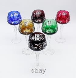 6 Lausitzer Crystal Cut To Clear Multicolor Grape Vine Motif Hock Wine Glasses