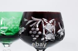 6 Lausitzer Crystal Cut To Clear Multicolor Grape Vine Motif Hock Wine Glasses