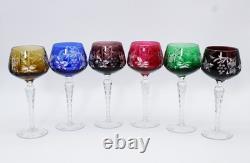 6 Lausitzer Crystal Cut To Clear Multicolor Grape Vine Motif Hock Wine Glasses