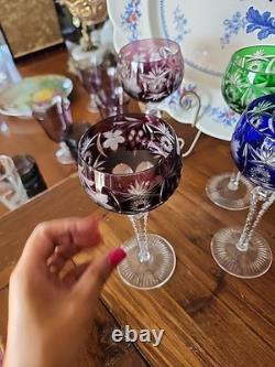 6 Multicolor Nachtmann Traube Cut to Clear Crystal 8 1/4 Tall Hock Wine Glasses