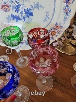 6 Multicolor Nachtmann Traube Cut to Clear Crystal 8 1/4 Tall Hock Wine Glasses