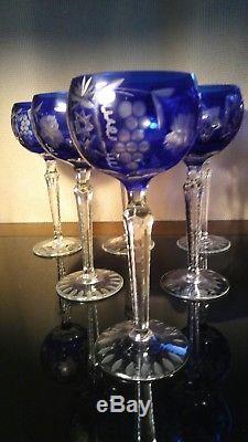 6 Nachtmann Traube Cobalt Blue Cut To Clear Grapes 8 1/4 Crystal Wine Glasses