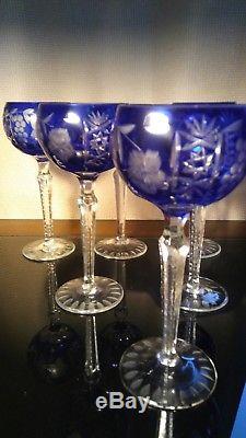 6 Nachtmann Traube Cobalt Blue Cut To Clear Grapes 8 1/4 Crystal Wine Glasses