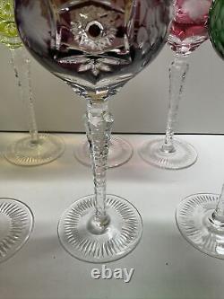 (6) Nachtmann Traube Cut To Clear Multicolored Crystal Wine Goblets Grapes Cut