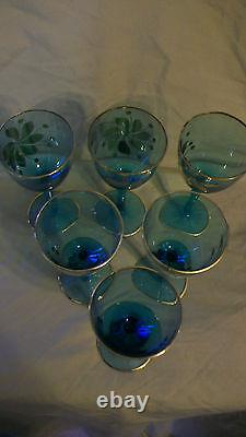 6 PIECE SET, VINTAGE HUNGARIAN HAND BLOWN BLUE CRYSTAL WINE GLASSES 6.5 Tall