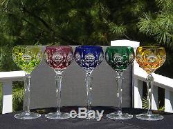 6 Pc Rainbow Cut Clear Crystal Hocks Colored Wine Glasses Goblets Decanter Set