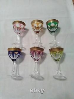 6 Pcs Moser Crystal Lady Hamilton Wine Glasses 6 Color Gilded Etched Border