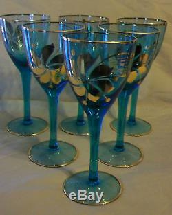6 Piece Set, Vintage Hungarian Hand Blown Blue Crystal Wine Glasses