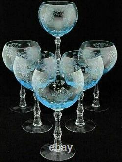 6 RARE Fostoria Blue Navarre Etched Magnums Crystal, Wine, Cambridge, Depression