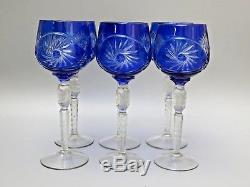 6 Rare Crystal Pinwheel Cut To Clear Cobalt Blue Wine Hock Glasses -8 1/2tall