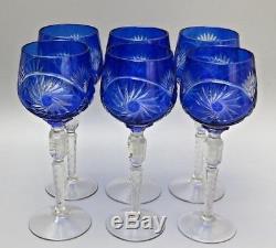 6 Rare Crystal Pinwheel Cut To Clear Cobalt Blue Wine Hock Glasses -8 1/2tall