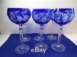 6 Six Ajka Cobalt Cut to Clear Crystal Wine Goblets Marsala Glasses blue