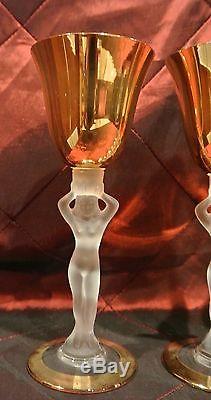6 Vintage Bayel Crystal Frosted Nude Lady Stem Gold Cordial Wine Glasses France