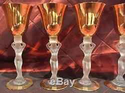 6 Vintage Bayel Crystal Frosted Nude Lady Stem Gold Cordial Wine Glasses France