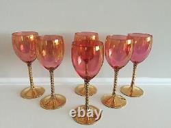 6 Vintage Cranberry Opalescent Crystal Gold Twisted Stem Wine Glasses