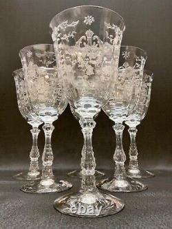 6 Vintage Etched Optic Crystal Wine Goblets Fostoria Navarre Water Goblets