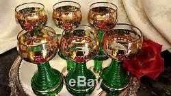 6 Vntg 6oz Glass Wine Goblets GOLD PLATE, RED CRYSTALS/CUT LEAVES/SCROLLS GERMAN