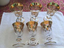 6 Vtg Imperial Hand Made Crystal Footed Gold Etched Glasses Made In Italy