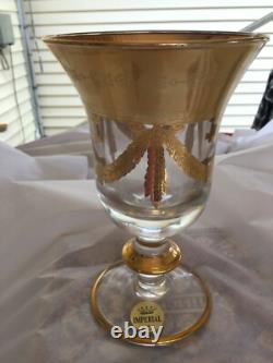 6 Vtg Imperial Hand Made Crystal Footed Gold Etched Glasses Made In Italy