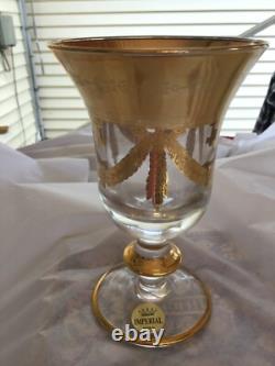 6 Vtg Imperial Hand Made Crystal Footed Gold Etched Glasses Made In Italy