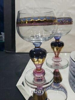 (6) Water goblets wine Glasses, painted pink purple gold Ritterspiele by Nagel