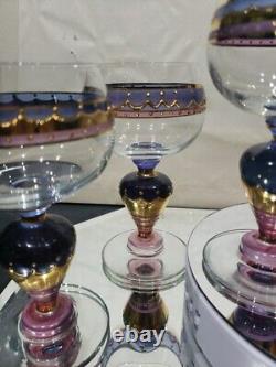 (6) Water goblets wine Glasses, painted pink purple gold Ritterspiele by Nagel