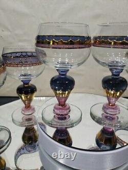 (6) Water goblets wine Glasses, painted pink purple gold Ritterspiele by Nagel