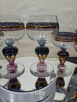 (6) Water goblets wine Glasses, painted pink purple gold Ritterspiele by Nagel