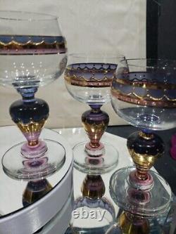 (6) Water goblets wine Glasses, painted pink purple gold Ritterspiele by Nagel