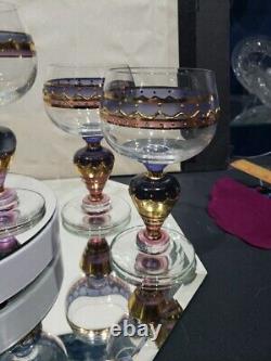 (6) Water goblets wine Glasses, painted pink purple gold Ritterspiele by Nagel