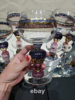 (6) Water goblets wine Glasses, painted pink purple gold Ritterspiele by Nagel