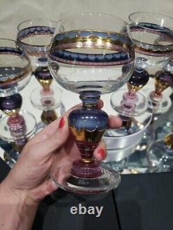 (6) Water goblets wine Glasses, painted pink purple gold Ritterspiele by Nagel