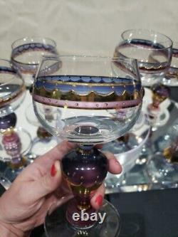 (6) Water goblets wine Glasses, painted pink purple gold Ritterspiele by Nagel