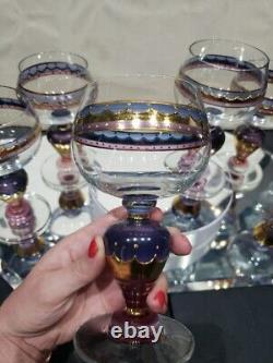 (6) Water goblets wine Glasses, painted pink purple gold Ritterspiele by Nagel